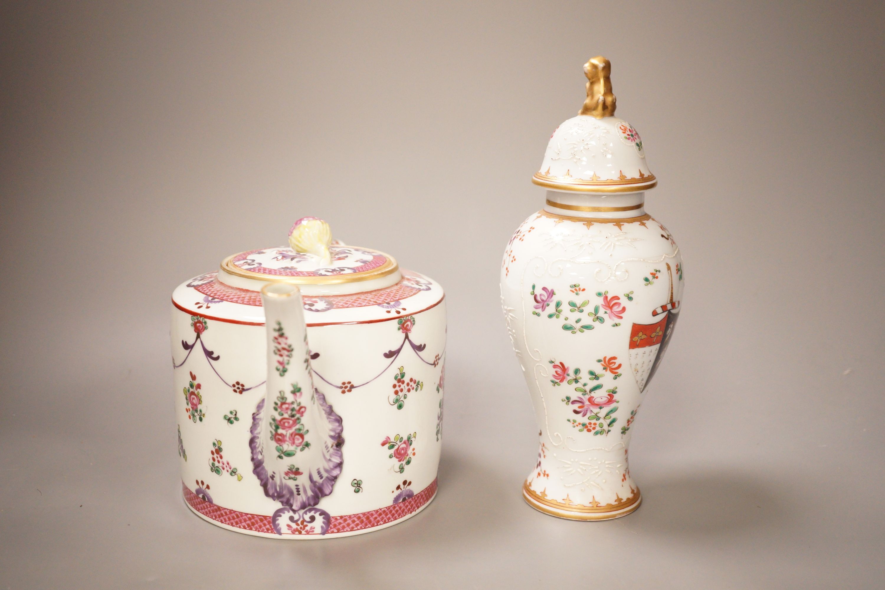 A Samson lidded Chinese armorial style baluster vase and a similar teapot, 23cm
